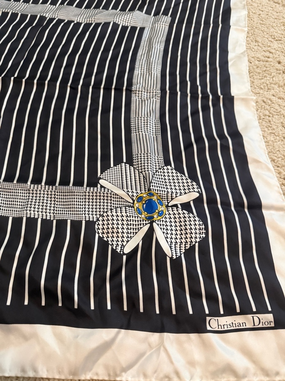 Dior Cream and Navy Silk Scarf with Branded Tag